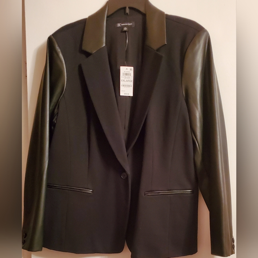 INC Women's Black Blazer with Black Faux Leather Accents